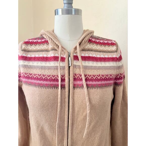 Eddie Bauer Petite M Hoodie Sweater Zip Up Tan Fair Isle Angora Blend Women’s - Picture 2 of 6